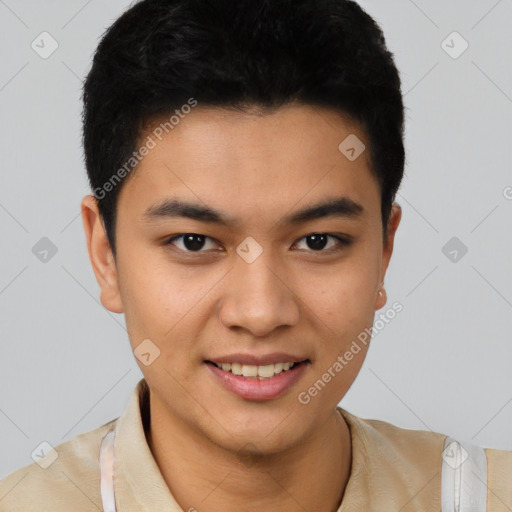 Joyful latino young-adult male with short  brown hair and brown eyes