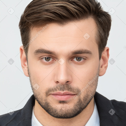 Neutral white young-adult male with short  brown hair and brown eyes