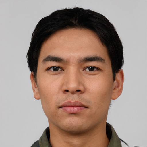 Neutral asian young-adult male with short  black hair and brown eyes