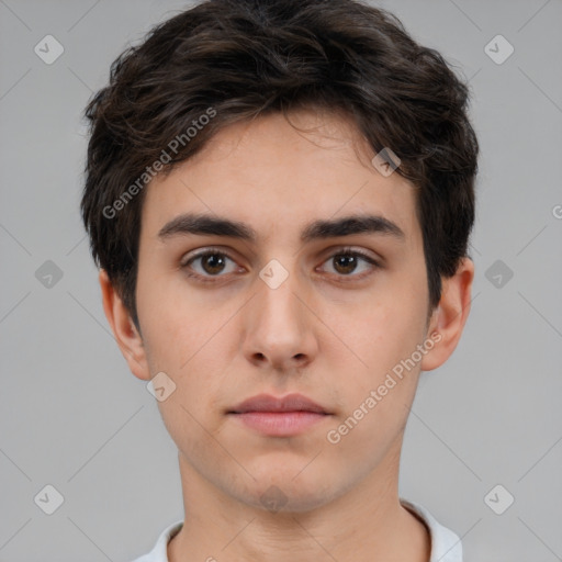 Neutral white young-adult male with short  brown hair and brown eyes