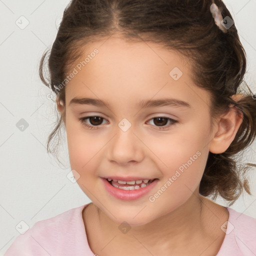 Joyful white child female with medium  brown hair and brown eyes