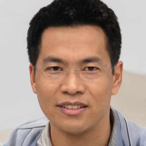 Joyful asian adult male with short  black hair and brown eyes