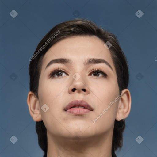 Neutral white young-adult female with short  brown hair and brown eyes