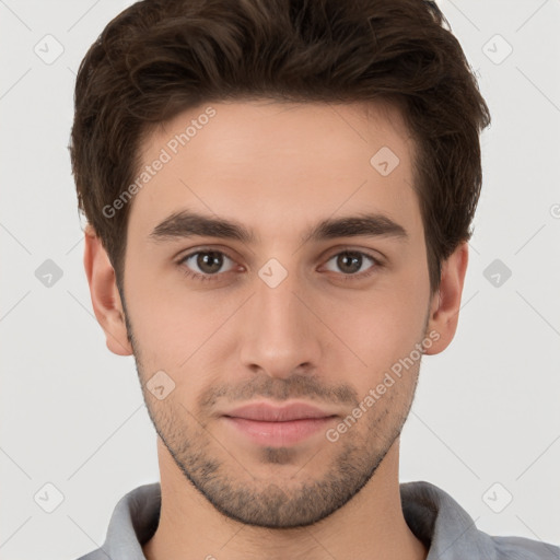 Neutral white young-adult male with short  brown hair and brown eyes