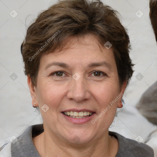 Joyful white adult female with short  brown hair and brown eyes