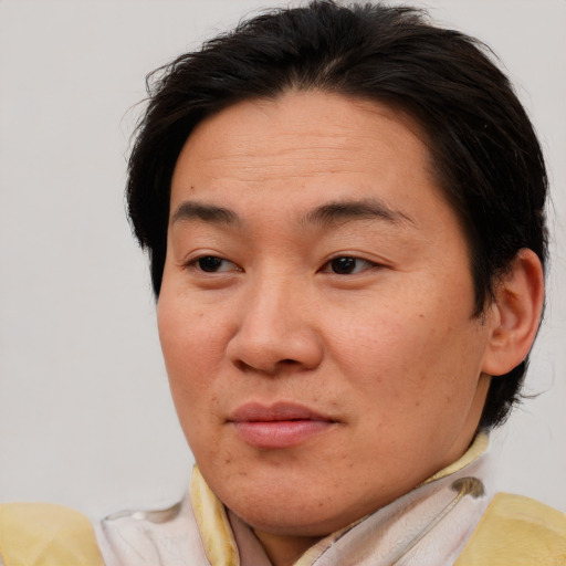 Joyful asian adult female with short  brown hair and brown eyes