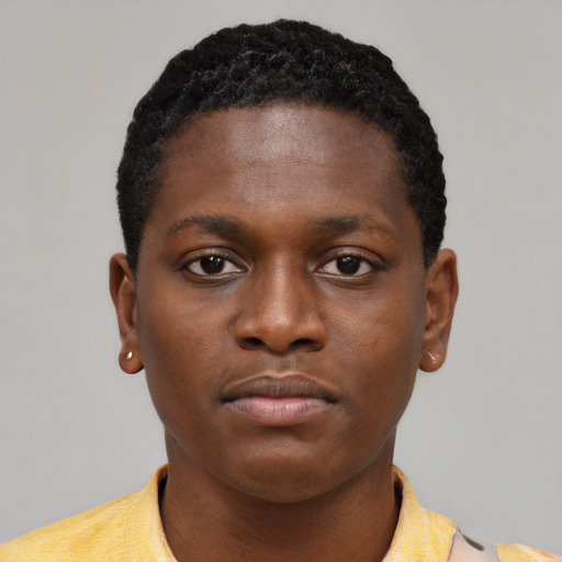 Neutral black young-adult female with short  black hair and brown eyes