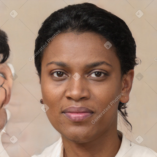 Joyful latino young-adult female with short  brown hair and brown eyes