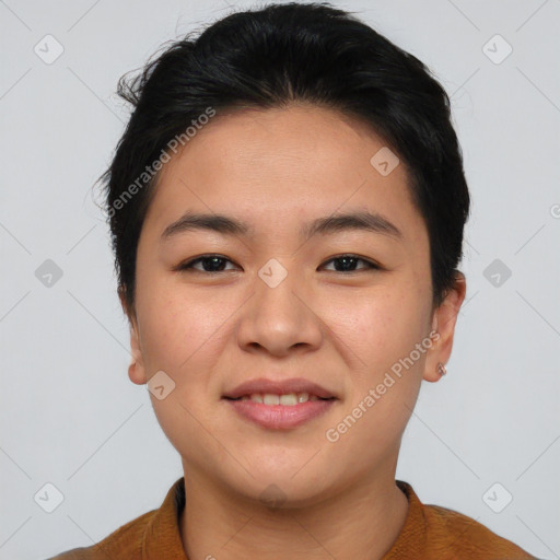 Joyful asian young-adult female with short  brown hair and brown eyes