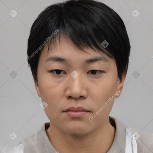 Neutral asian young-adult female with short  black hair and brown eyes