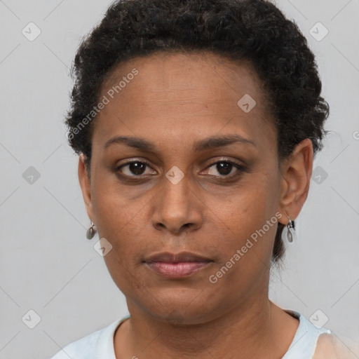 Neutral black adult female with short  black hair and brown eyes