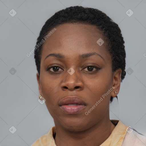 Neutral black young-adult female with short  black hair and brown eyes