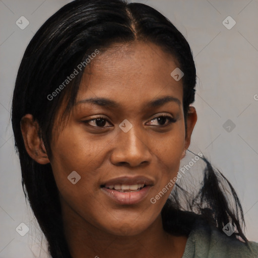 Joyful black young-adult female with medium  brown hair and brown eyes