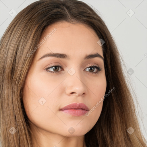 Neutral white young-adult female with long  brown hair and brown eyes