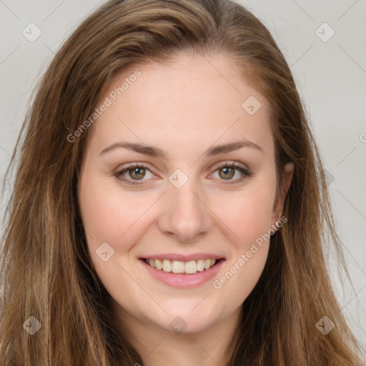 Joyful white young-adult female with long  brown hair and green eyes