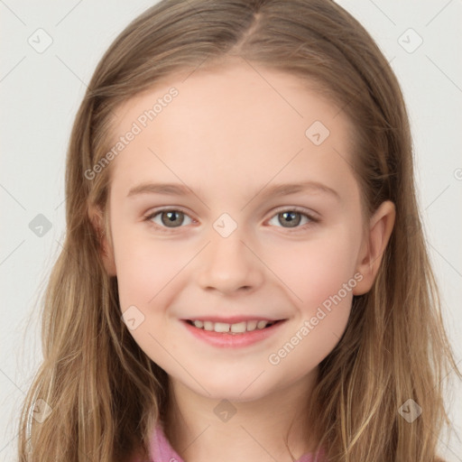 Joyful white child female with long  brown hair and brown eyes