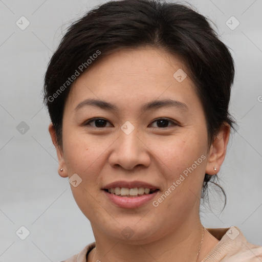 Joyful white young-adult female with short  brown hair and brown eyes