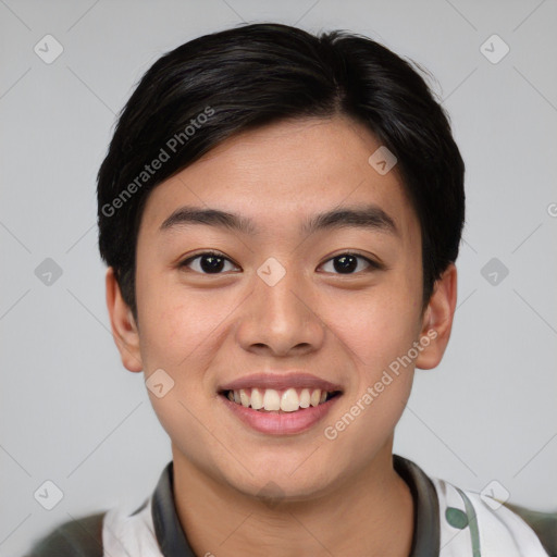 Joyful asian young-adult male with short  black hair and brown eyes