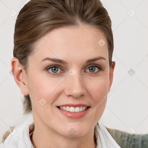 Joyful white young-adult female with medium  brown hair and blue eyes