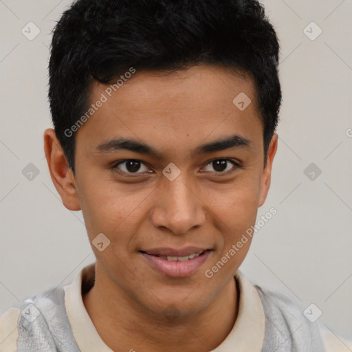 Joyful latino young-adult male with short  brown hair and brown eyes