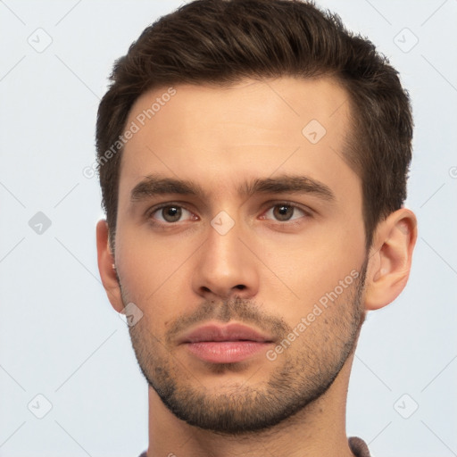 Neutral white young-adult male with short  brown hair and brown eyes