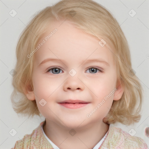 Joyful white child female with medium  brown hair and blue eyes