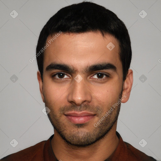 Neutral latino young-adult male with short  black hair and brown eyes