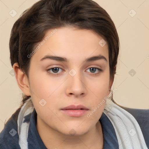 Neutral white young-adult female with short  brown hair and brown eyes