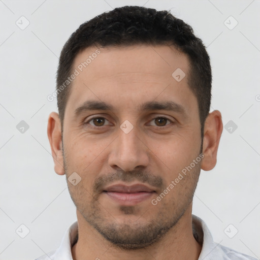 Joyful white young-adult male with short  brown hair and brown eyes