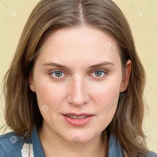 Joyful white young-adult female with medium  brown hair and blue eyes