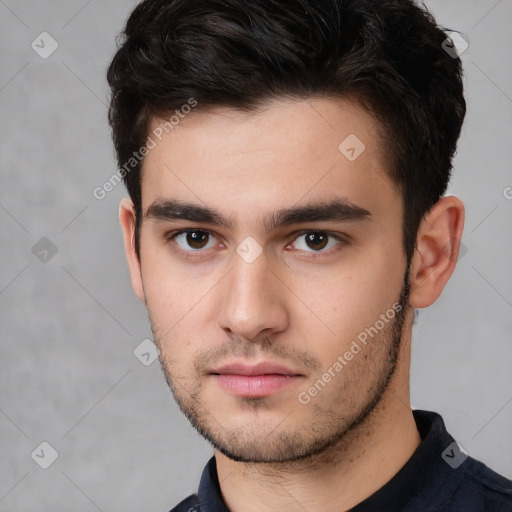 Neutral white young-adult male with short  brown hair and brown eyes