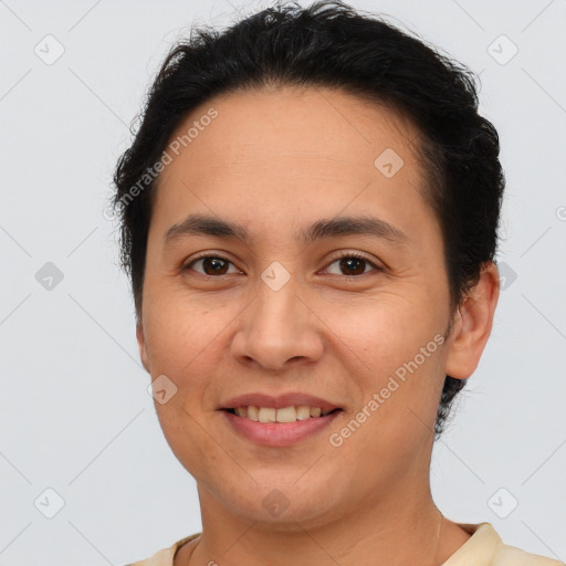 Joyful white young-adult female with short  brown hair and brown eyes