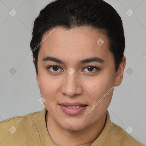 Joyful white young-adult female with short  brown hair and brown eyes