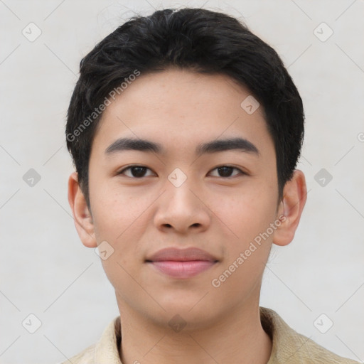 Neutral asian young-adult male with short  black hair and brown eyes