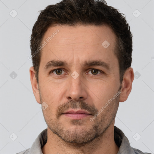 Neutral white adult male with short  brown hair and brown eyes