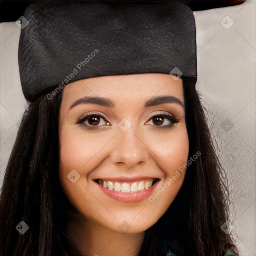 Joyful white young-adult female with long  black hair and brown eyes