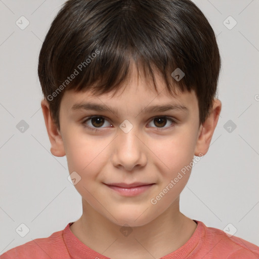 Joyful white child male with short  brown hair and brown eyes