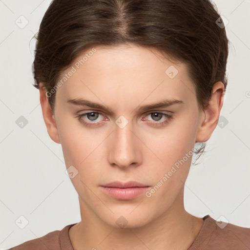 Neutral white young-adult female with short  brown hair and brown eyes