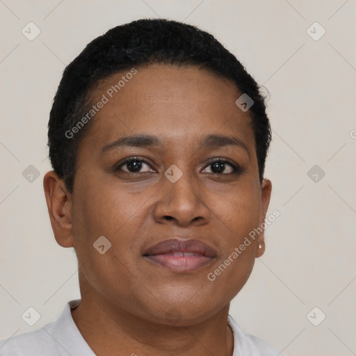Neutral black young-adult female with short  brown hair and brown eyes