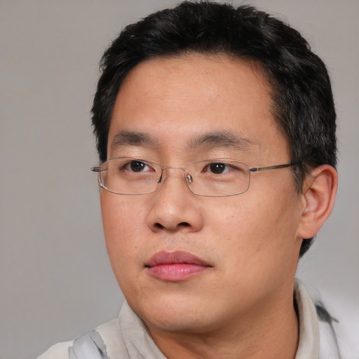 Neutral asian adult male with short  black hair and brown eyes