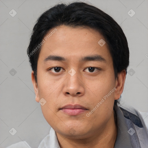Neutral asian young-adult male with short  black hair and brown eyes