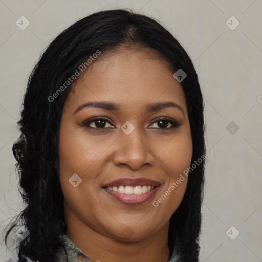 Joyful black young-adult female with long  brown hair and brown eyes