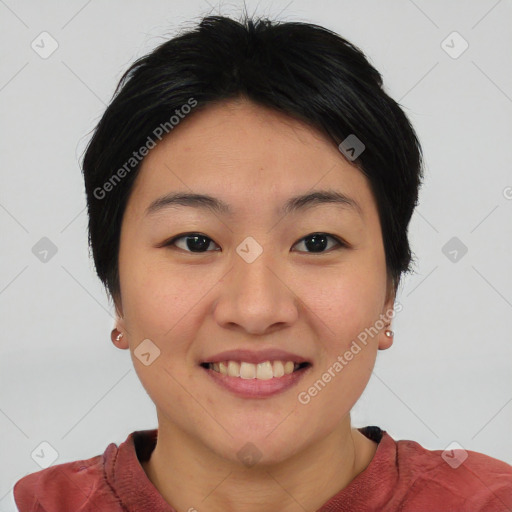 Joyful asian young-adult female with short  brown hair and brown eyes