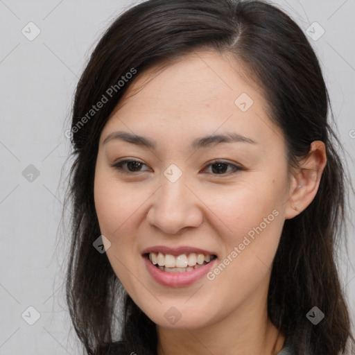 Joyful white young-adult female with long  brown hair and brown eyes