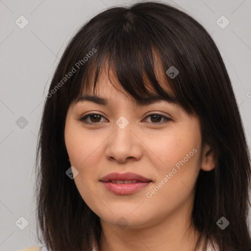 Joyful white young-adult female with medium  brown hair and brown eyes