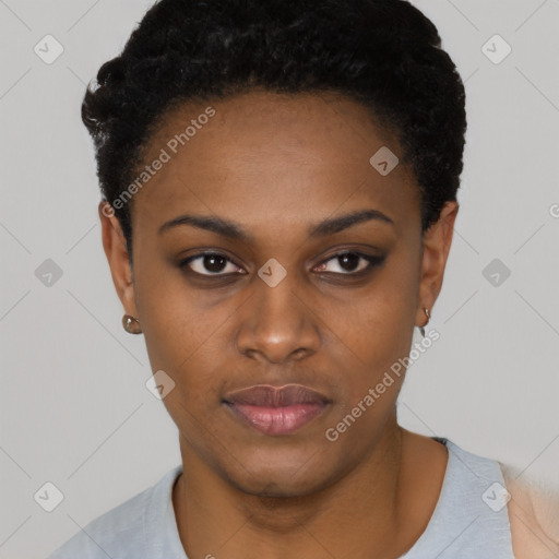 Neutral black young-adult female with short  black hair and brown eyes