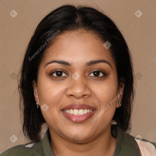 Joyful latino young-adult female with medium  brown hair and brown eyes