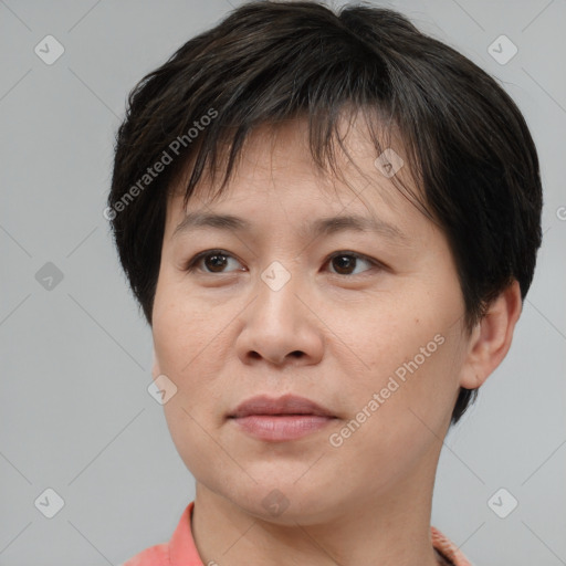 Joyful white adult female with short  brown hair and brown eyes