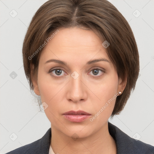 Neutral white young-adult female with medium  brown hair and brown eyes