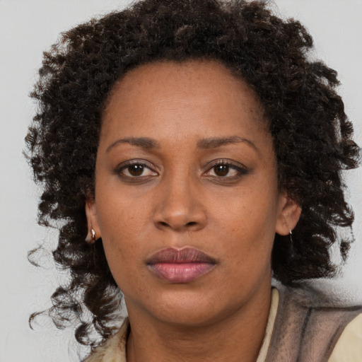 Neutral black adult female with long  brown hair and brown eyes